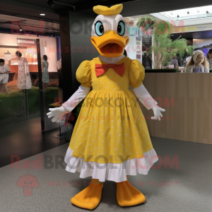 nan Duck mascot costume character dressed with a Maxi Dress and Shoe laces