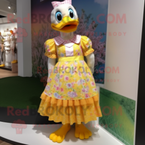 nan Duck mascot costume character dressed with a Maxi Dress and Shoe laces