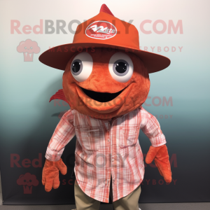 Red Fish Tacos mascot costume character dressed with a Button-Up Shirt and Hats