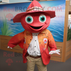 Red Fish Tacos mascot costume character dressed with a Button-Up Shirt and Hats