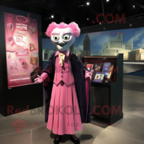 Pink Vampire mascot costume character dressed with a Empire Waist Dress and Lapel pins