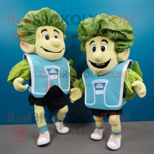 Cyan Caesar Salad mascot costume character dressed with a Rugby Shirt and Backpacks
