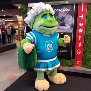 Cyan Caesar Salad mascot costume character dressed with a Rugby Shirt and Backpacks