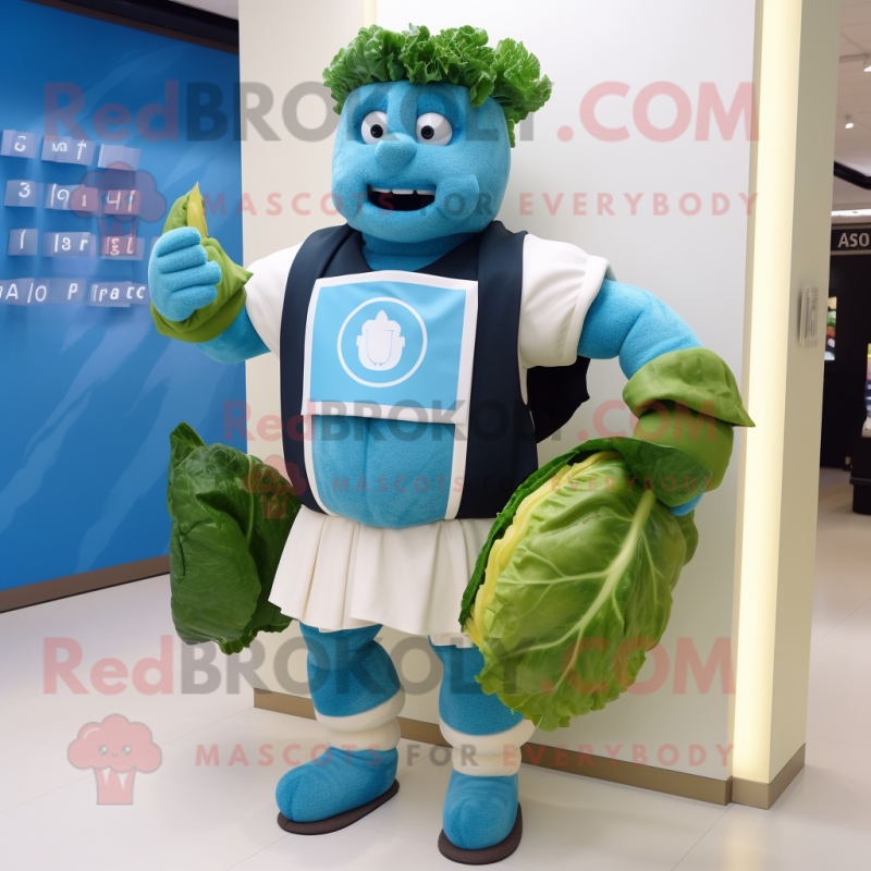Cyan Caesar Salad mascot costume character dressed with a Rugby Shirt and Backpacks Cyan Caesar Salad mascot costume character dressed with a Rugby Shirt and Backpacks