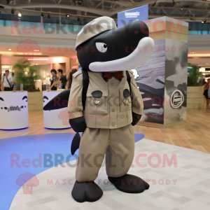 Tan Killer Whale mascot costume character dressed with a Tank Top and Berets