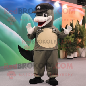Tan Killer Whale mascot costume character dressed with a Tank Top and Berets
