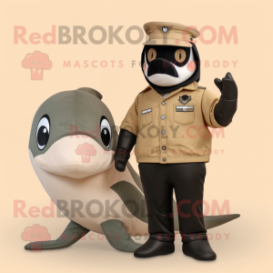 Tan Killer Whale mascot costume character dressed with a Tank Top and Berets