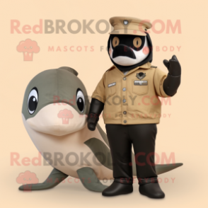 Tan Killer Whale mascot costume character dressed with a Tank Top and Berets