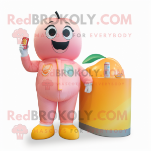 Peach Soda Can mascot costume character dressed with a Jumpsuit and Wallets