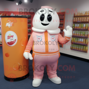 Peach Soda Can mascot costume character dressed with a Jumpsuit and Wallets