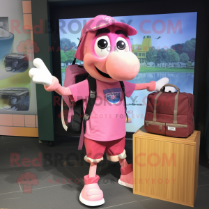 Pink Moussaka mascot costume character dressed with a Cargo Shorts and Handbags