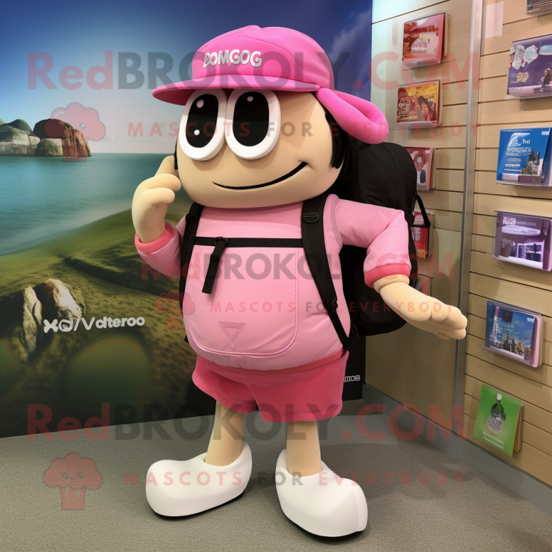 Pink Moussaka mascot costume character dressed with a Cargo Shorts and Handbags Pink Moussaka mascot costume character dressed with a Cargo Shorts and Handbags