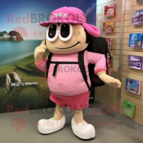 Pink Moussaka mascot costume character dressed with a Cargo Shorts and Handbags