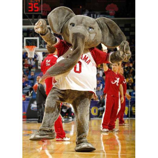 Mascotte d'éléphant gris géant avec un t-shirt rouge et blanc -