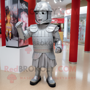 Silver Roman Soldier mascot costume character dressed with a Button-Up Shirt and Clutch bags