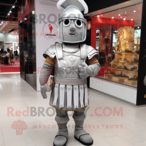 Silver Roman Soldier mascot costume character dressed with a Button-Up Shirt and Clutch bags