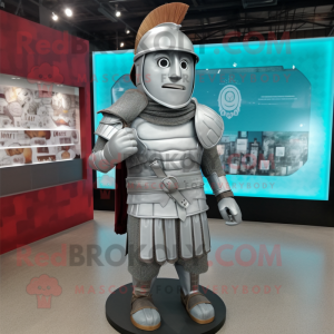 Silver Roman Soldier mascot costume character dressed with a Button-Up Shirt and Clutch bags