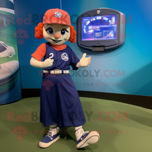 Navy Baseball Glove mascot costume character dressed with a Maxi Skirt and Smartwatches