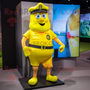 Yellow Police Officer mascot costume character dressed with a Running Shorts and Cummerbunds
