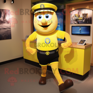 Yellow Police Officer mascot costume character dressed with a Running Shorts and Cummerbunds