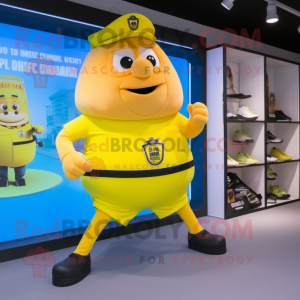 Yellow Police Officer mascot costume character dressed with a Running Shorts and Cummerbunds