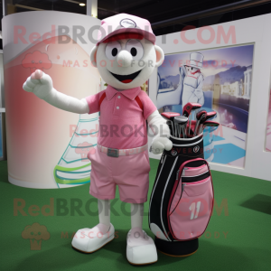 Pink Golf Bag mascot costume character dressed with a Shorts and Pocket squares