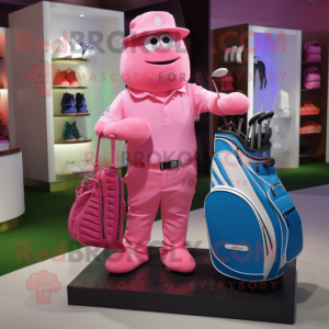 Pink Golf Bag mascot costume character dressed with a Shorts and Pocket squares
