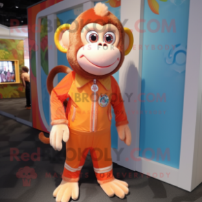 Peach Monkey mascot costume character dressed with a Jumpsuit and Brooches