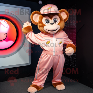 Peach Monkey mascot costume character dressed with a Jumpsuit and Brooches