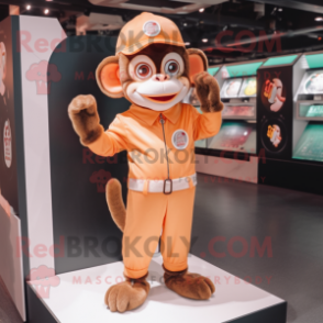 Peach Monkey mascot costume character dressed with a Jumpsuit and Brooches