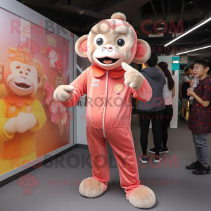 Peach Monkey mascot costume character dressed with a Jumpsuit and Brooches