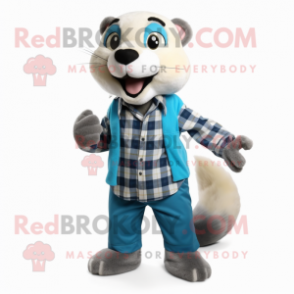 Cyan Ferret mascot costume character dressed with a Flannel Shirt and Shoe clips