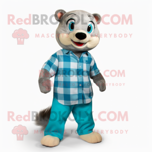 Cyan Ferret mascot costume character dressed with a Flannel Shirt and Shoe clips
