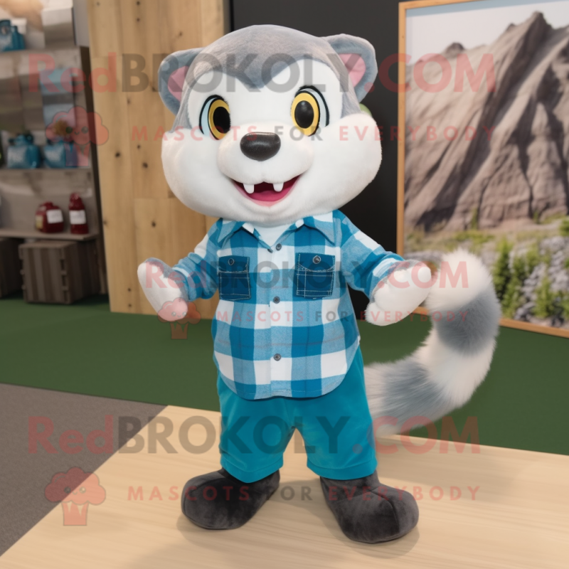 Cyan Ferret mascot costume character dressed with a Flannel Shirt and Shoe clips