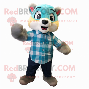 Cyan Ferret mascot costume character dressed with a Flannel Shirt and Shoe clips