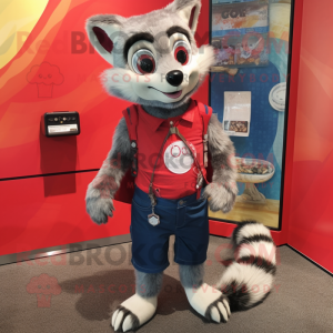 Red Civet mascot costume character dressed with a Denim Shorts and Coin purses