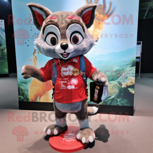 Red Civet mascot costume character dressed with a Denim Shorts and Coin purses
