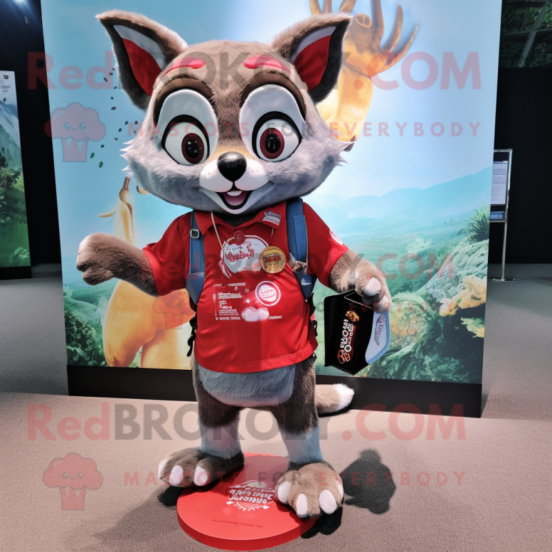 Red Civet mascot costume character dressed with a Denim Shorts and Coin purses Red Civet mascot costume character dressed with a Denim Shorts and Coin purses