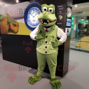 Olive Crocodile mascot costume character dressed with a Dress Shirt and Digital watches
