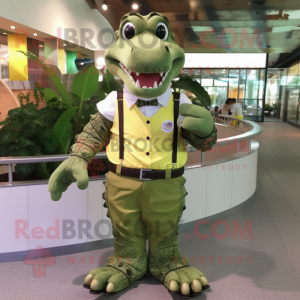 Olive Crocodile mascot costume character dressed with a Dress Shirt and Digital watches