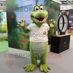 Olive Crocodile mascot costume character dressed with a Dress Shirt and Digital watches