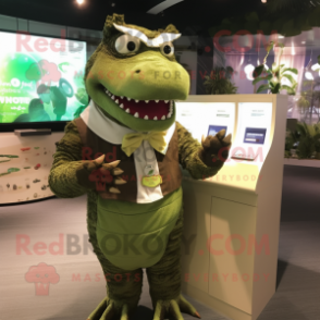 Olive Crocodile mascot costume character dressed with a Dress Shirt and Digital watches