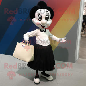 Cream Mime mascot costume character dressed with a Pencil Skirt and Tote bags