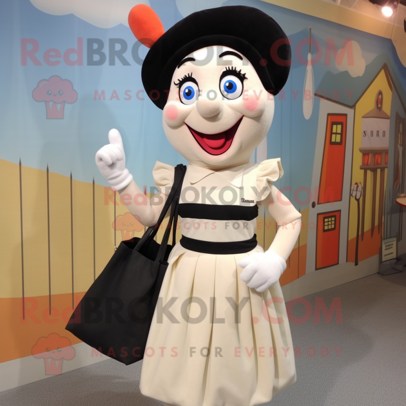 Cream Mime mascot costume character dressed with a Pencil Skirt and Tote bags