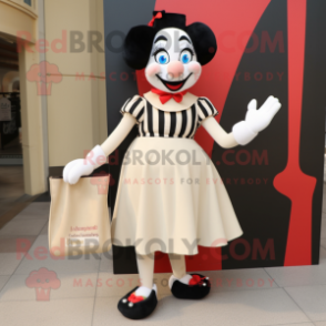 Cream Mime mascot costume character dressed with a Pencil Skirt and Tote bags
