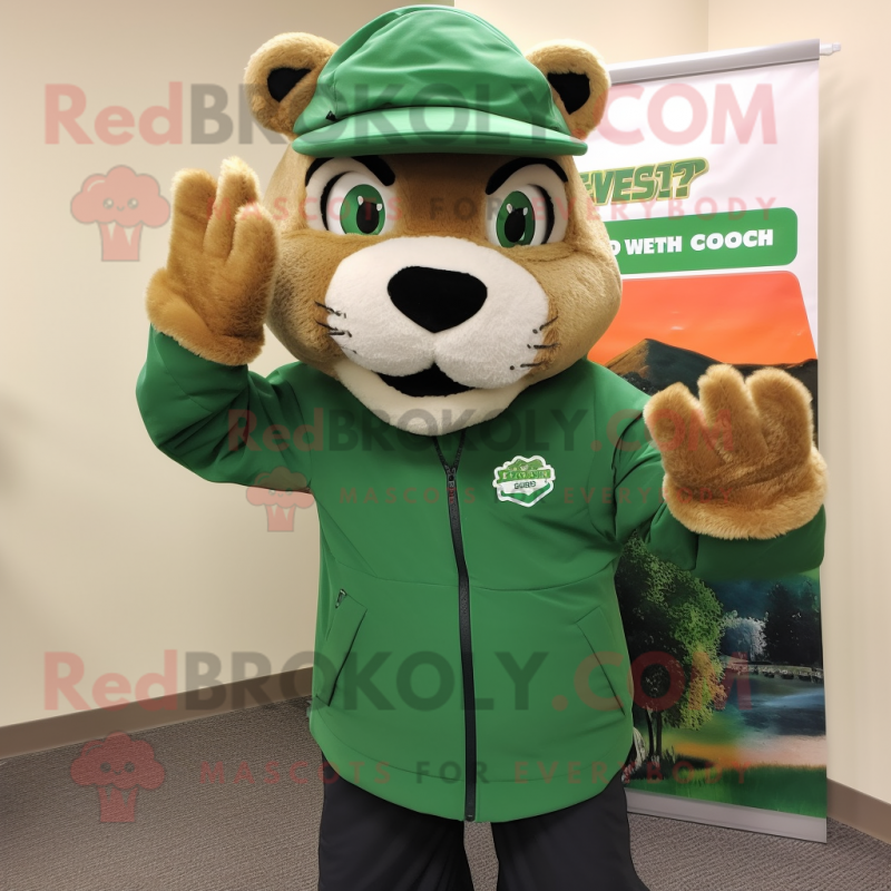 Green Mountain Lion mascot costume character dressed with a Turtleneck and Hats Green Mountain Lion mascot costume character dressed with a Turtleneck and Hats