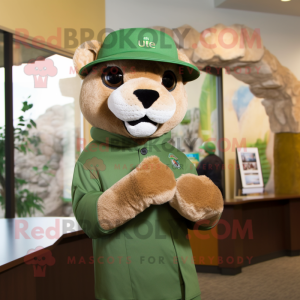 Green Mountain Lion mascot costume character dressed with a Turtleneck and Hats