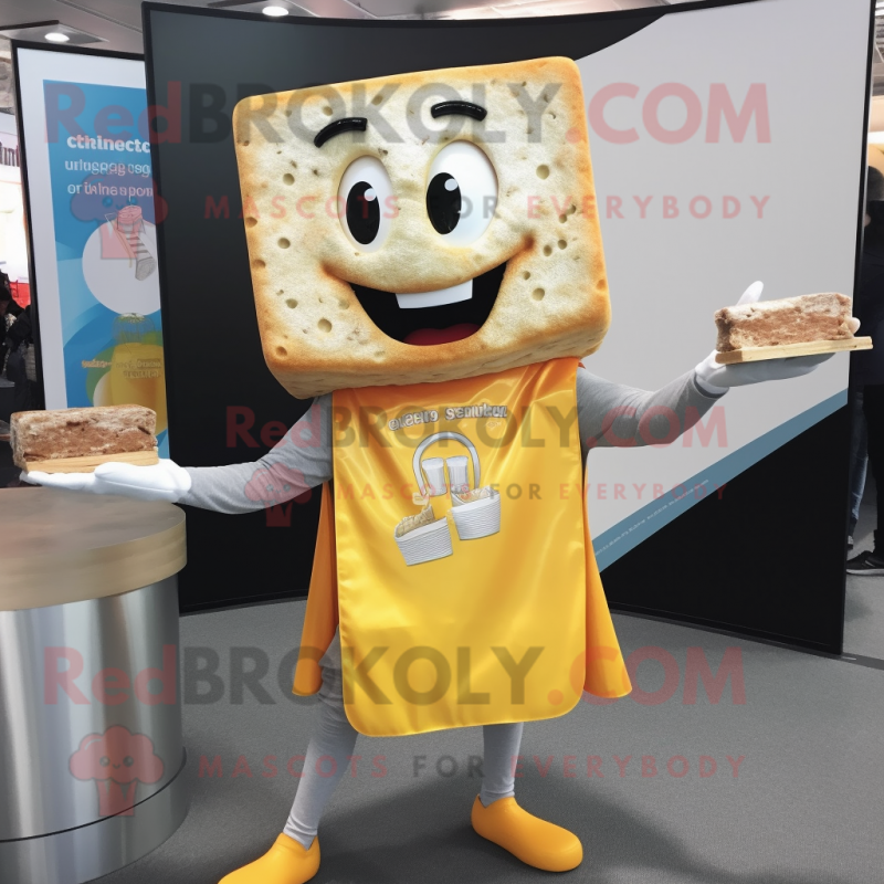 Silver Grilled Cheese Sandwich mascot costume character dressed with a T-Shirt and Bracelets