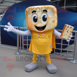 Silver Grilled Cheese Sandwich mascot costume character dressed with a T-Shirt and Bracelets