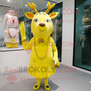 Lemon Yellow Elk mascot costume character dressed with a Sheath Dress and Scarves